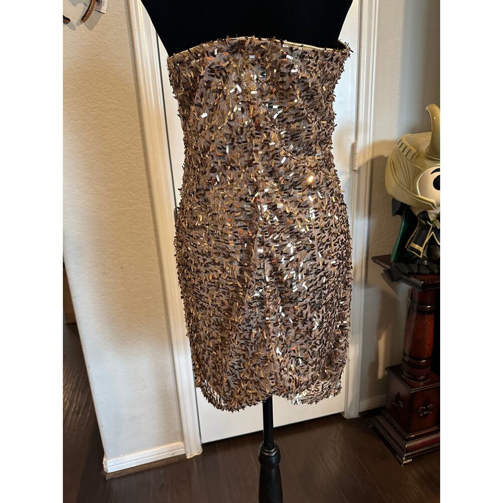 Wet Seal Gold Sequin Glam Metallic Y2K Strapless Bodycon Party Mini Dress - Picture 9 of 11